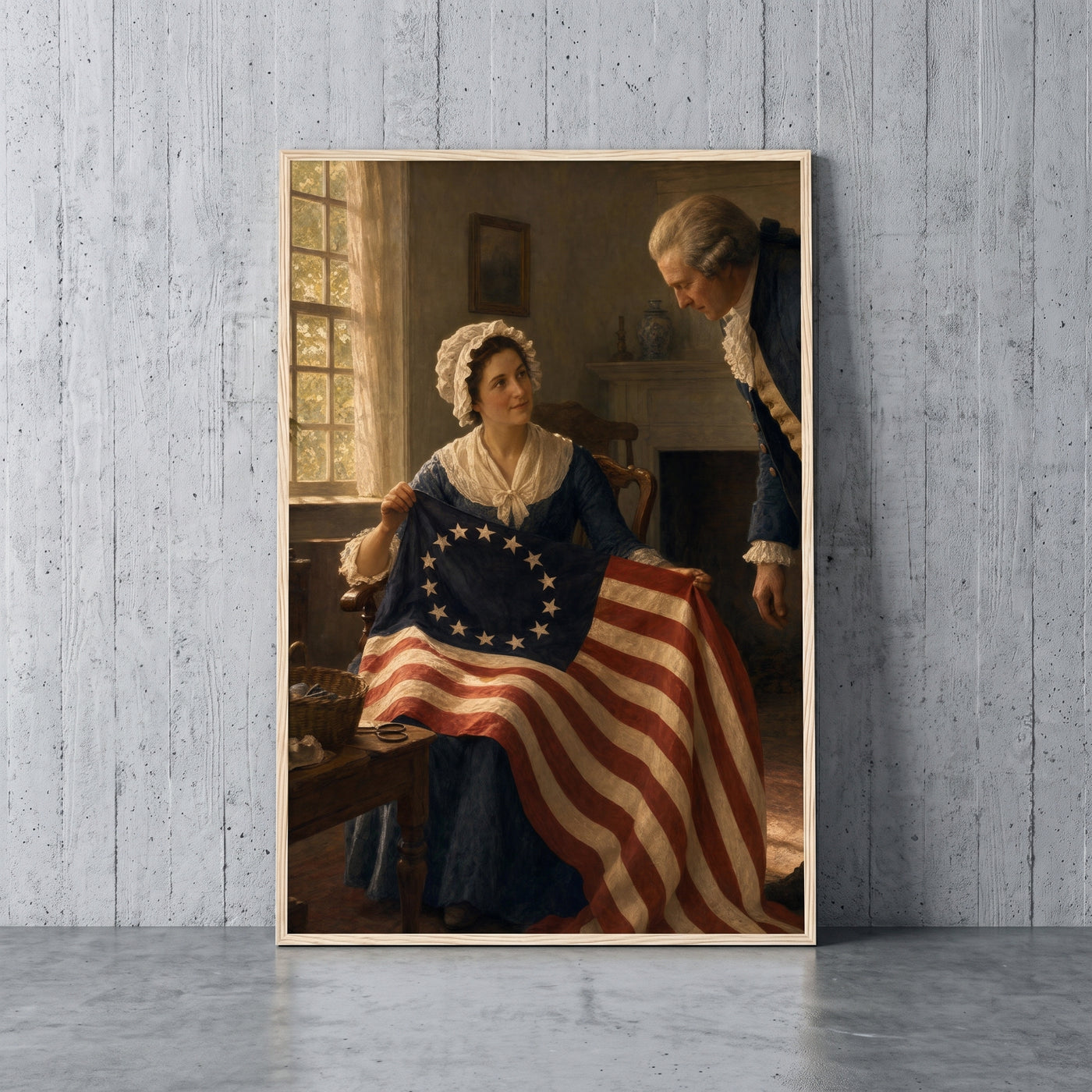 Betsy Ross and the First Flag framed print leaning against a wall