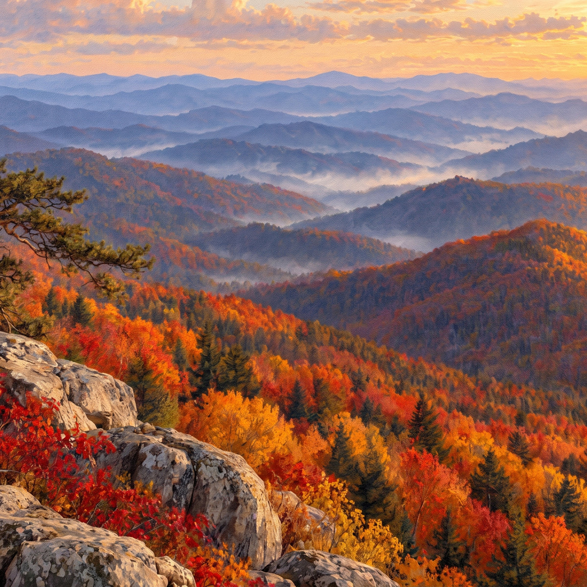 Blue Ridge in Autumn — close-up of the canvas weave and print detail