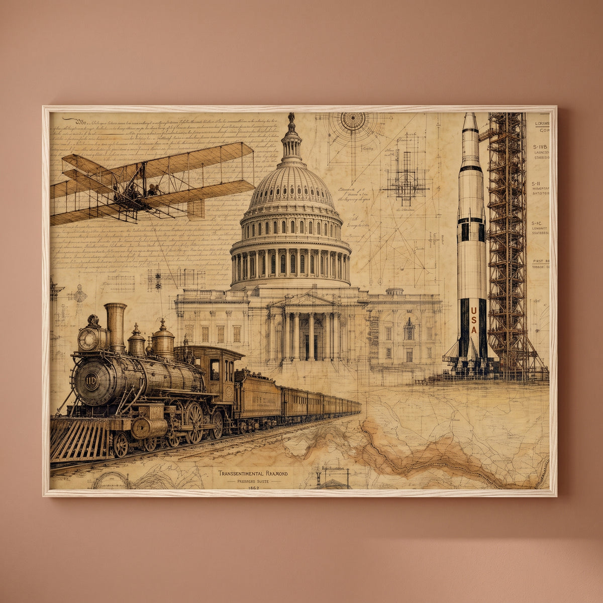 Blueprint of a Nation framed print on a plain wall