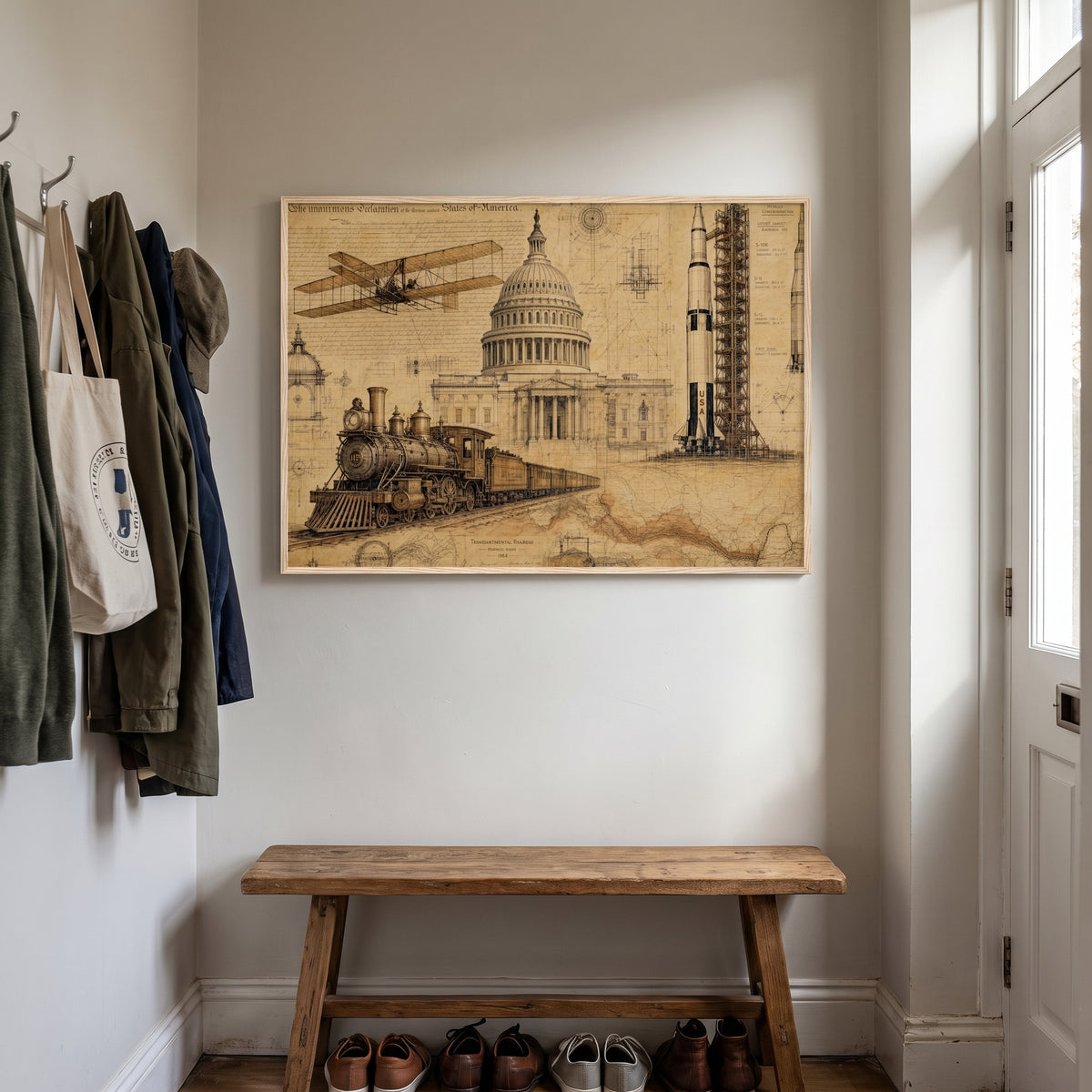 Blueprint of a Nation framed print hanging in a home interior