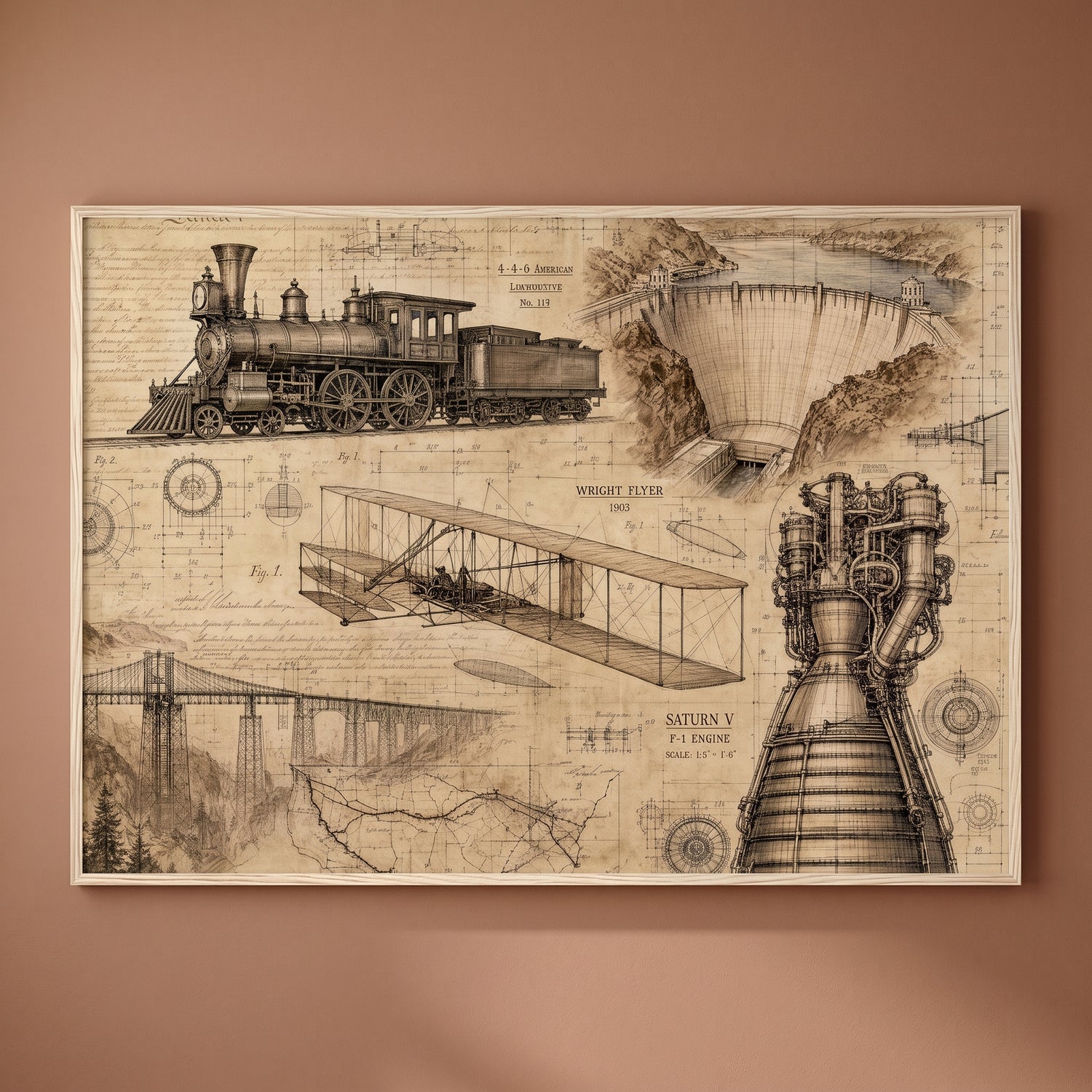 Blueprint of Great Inventions framed print on a plain wall