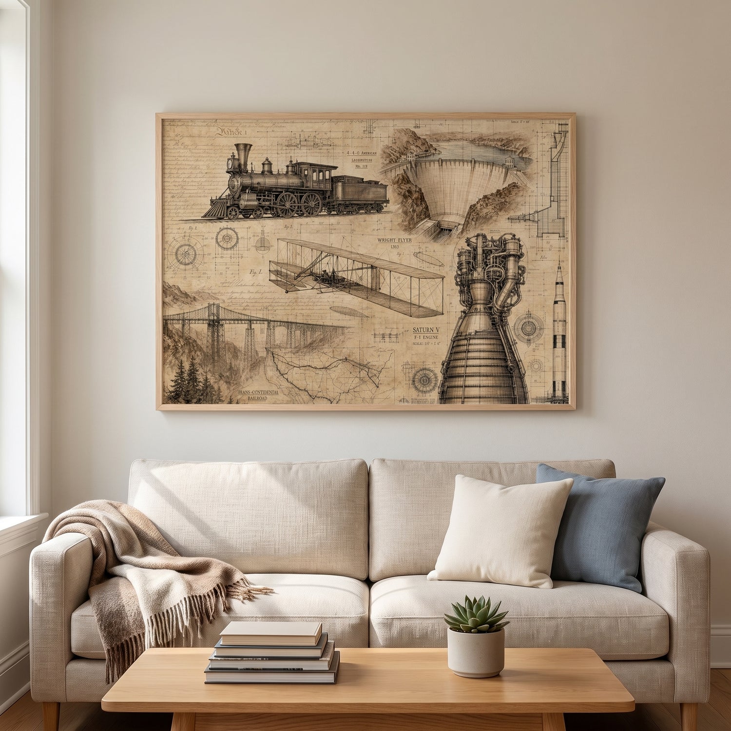 Blueprint of Great Inventions framed print hanging in a home interior