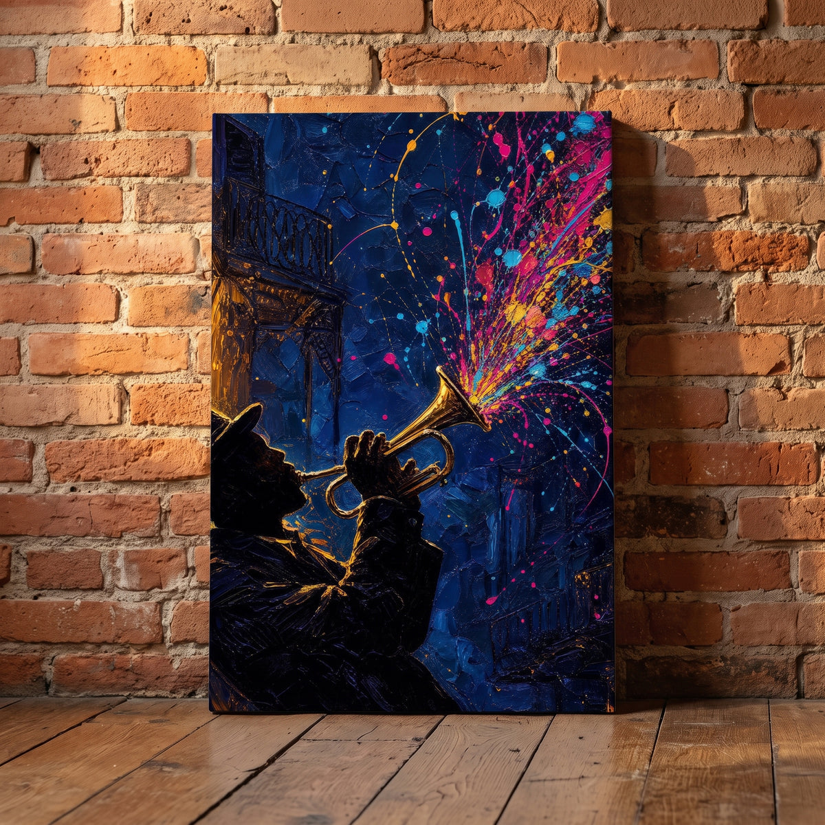 Bourbon Street Blues canvas print leaning against a brick wall