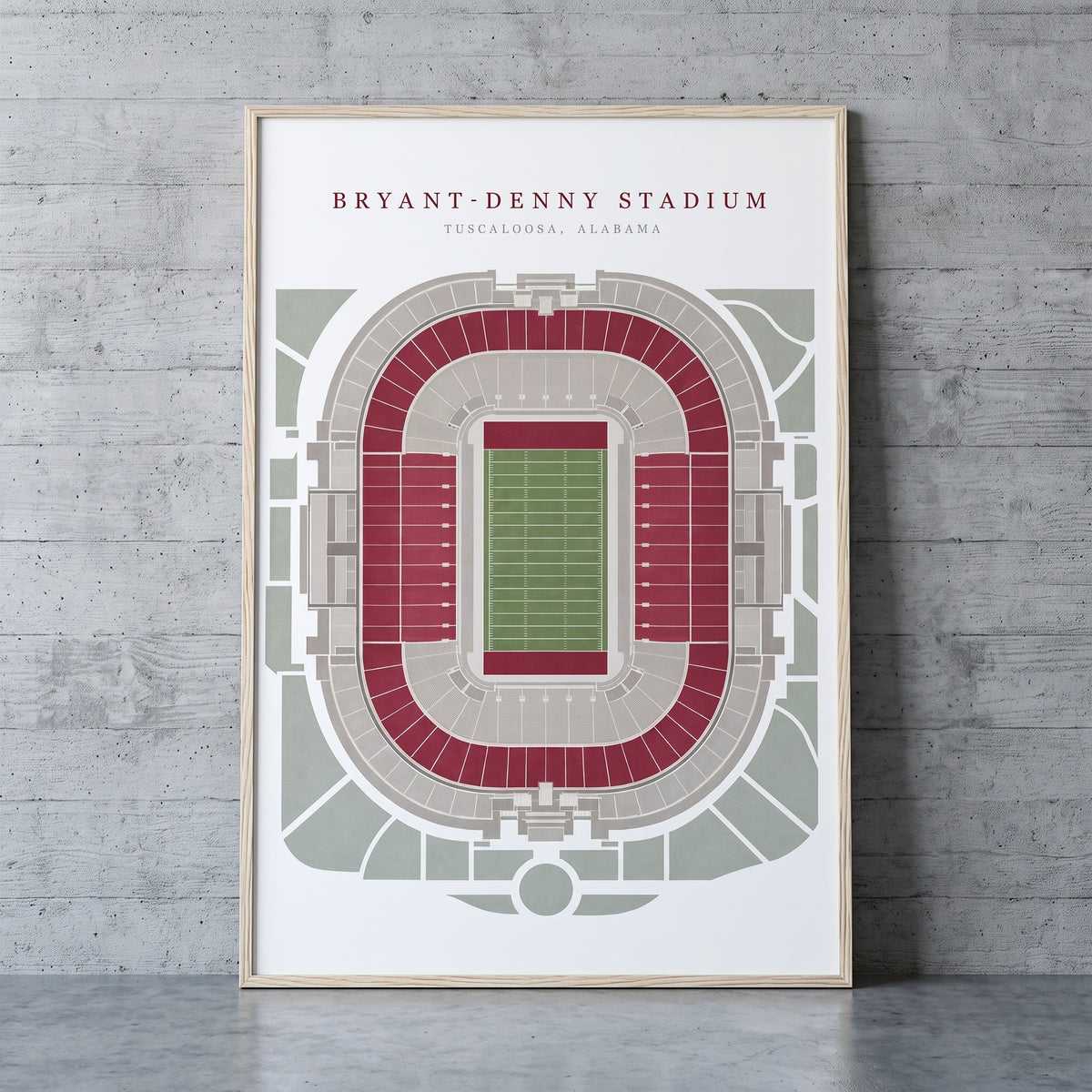 Bryant-Denny Stadium framed print leaning against a wall