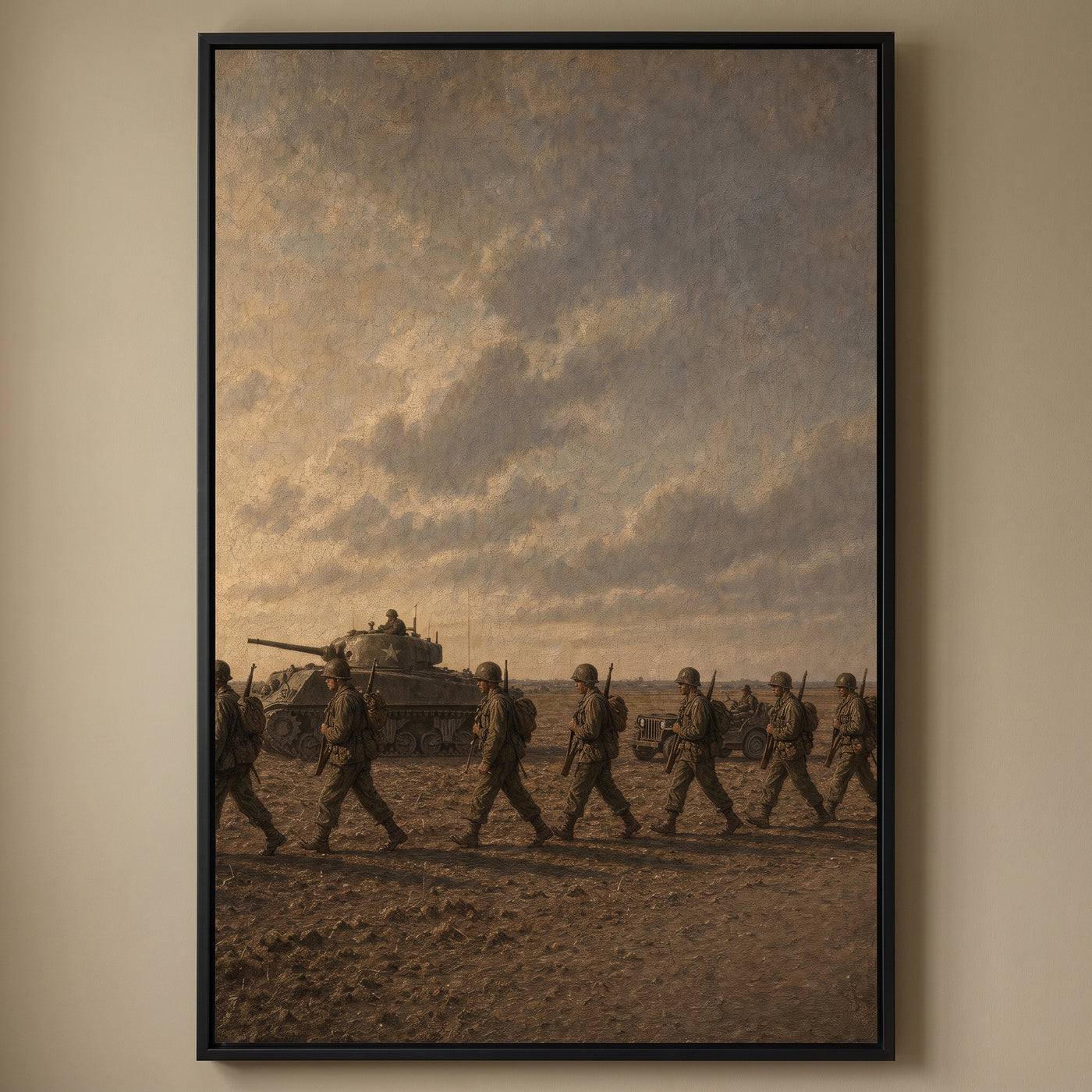 By Land framed print on a plain wall