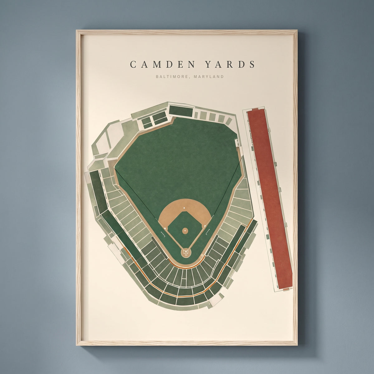 Camden Yards framed print on a plain wall