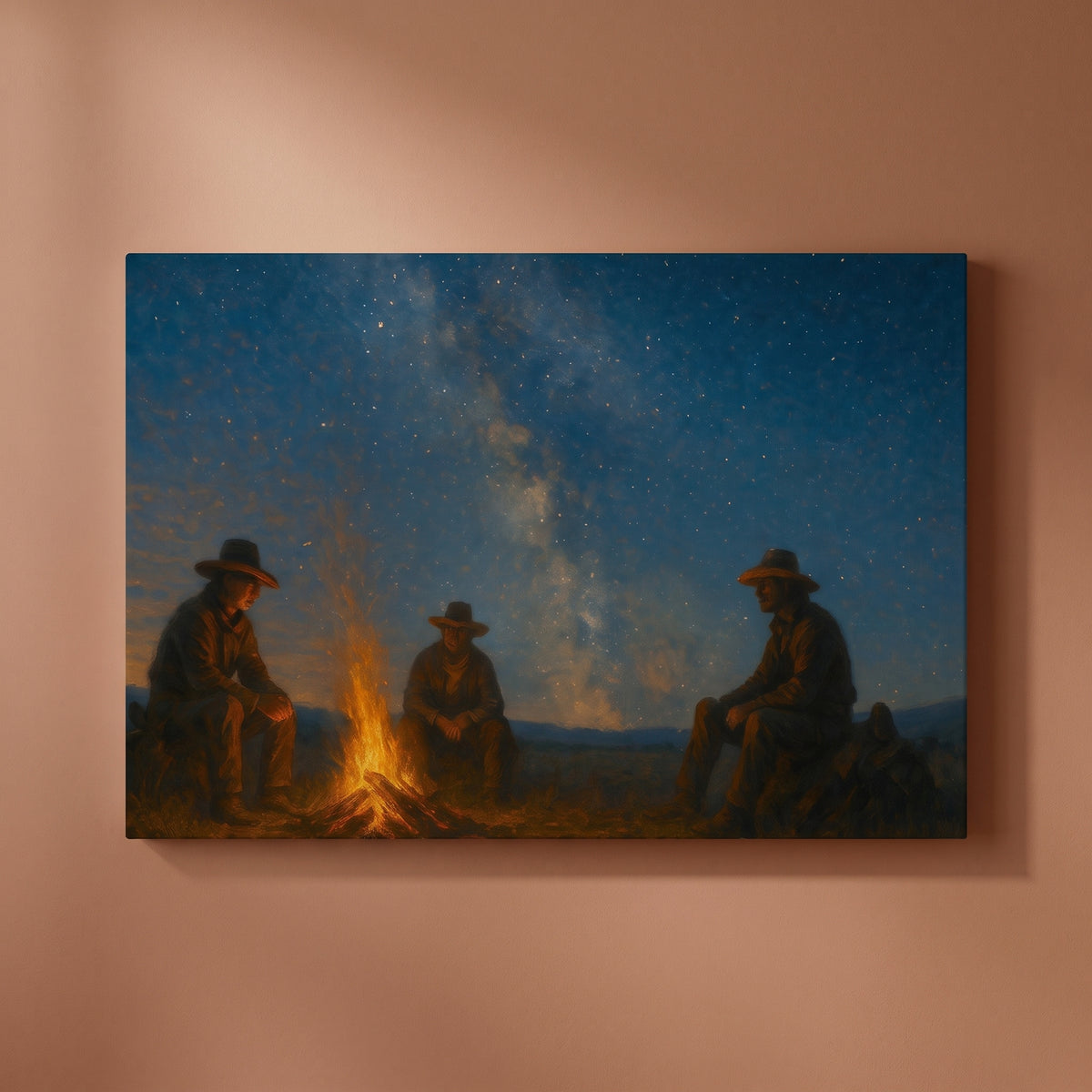 Campfire in the Wild West canvas print hanging on a warm clay wall