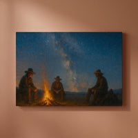 Campfire in the Wild West canvas print hanging on a warm clay wall