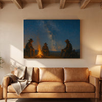 Campfire in the Wild West canvas print above a leather sofa in a ranch-style living room