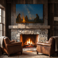 Campfire in the Wild West canvas print above a cabin fireplace mantel
