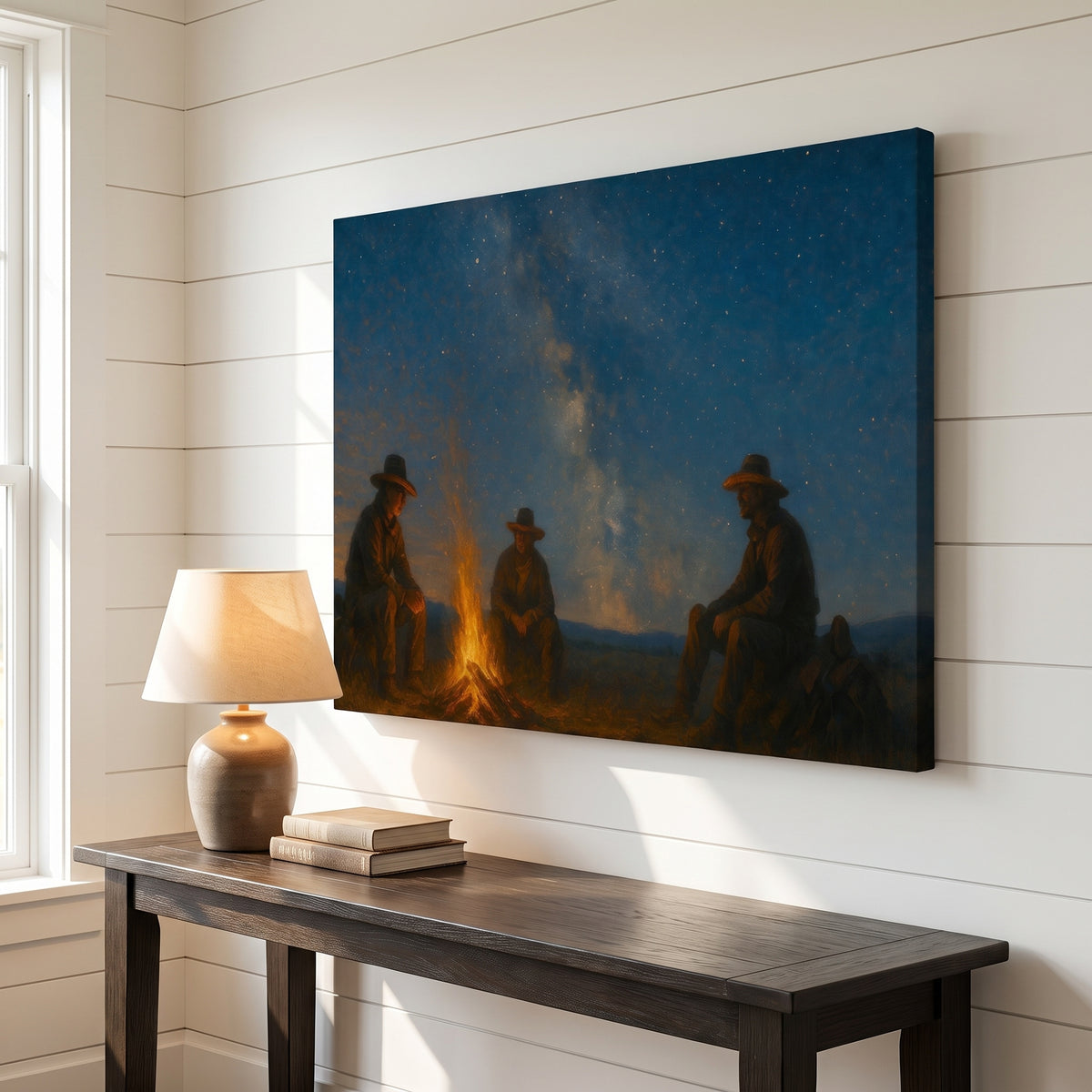 Campfire in the Wild West canvas print above an entryway console table