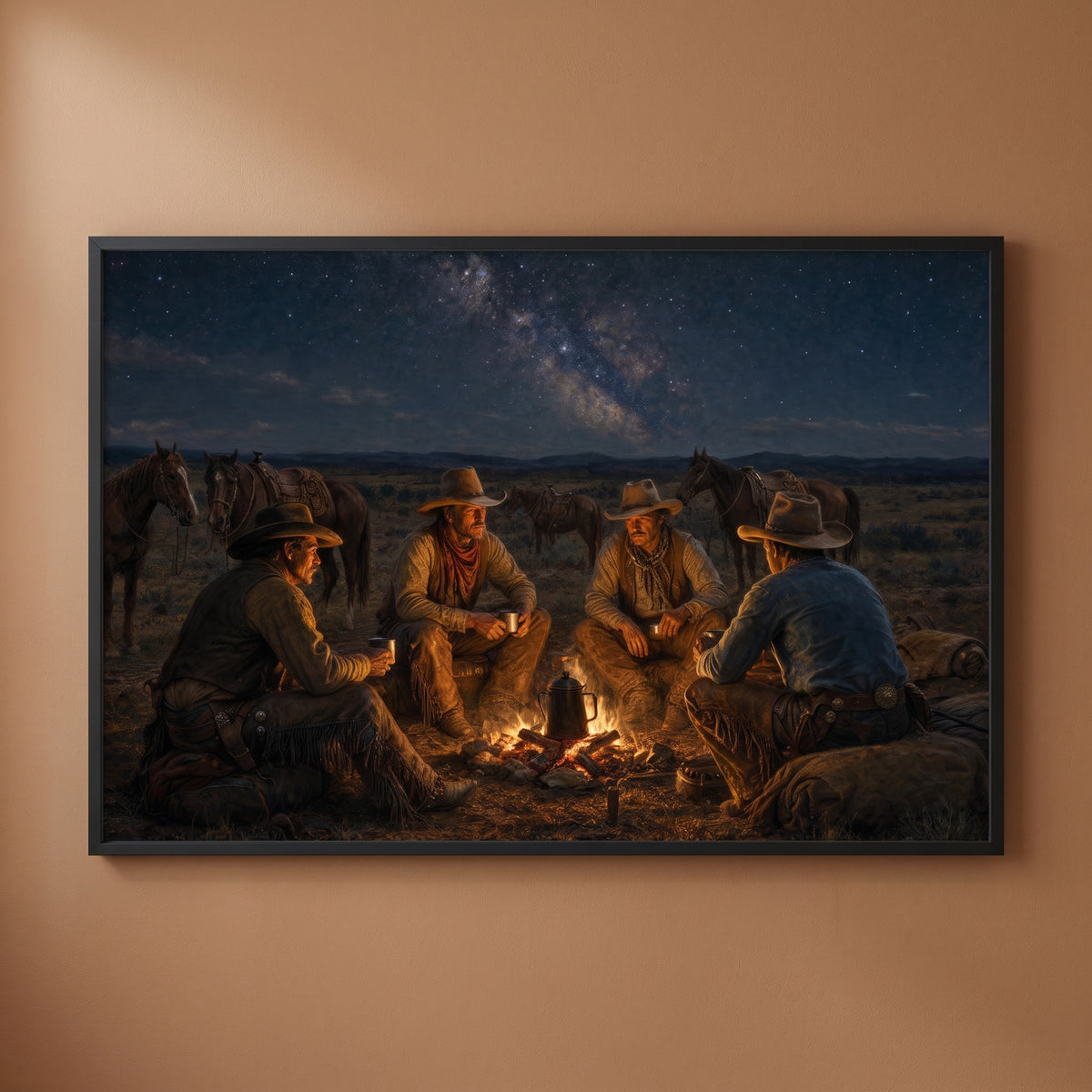 Campfire on the Range framed print on a plain wall