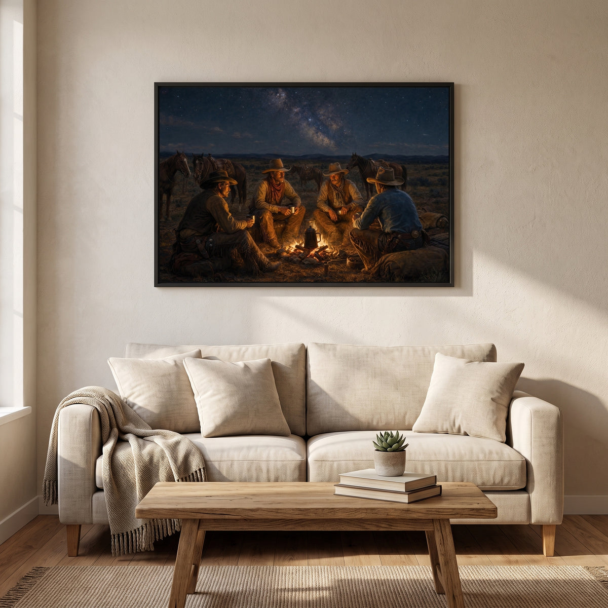 Campfire on the Range framed print hanging in a home interior
