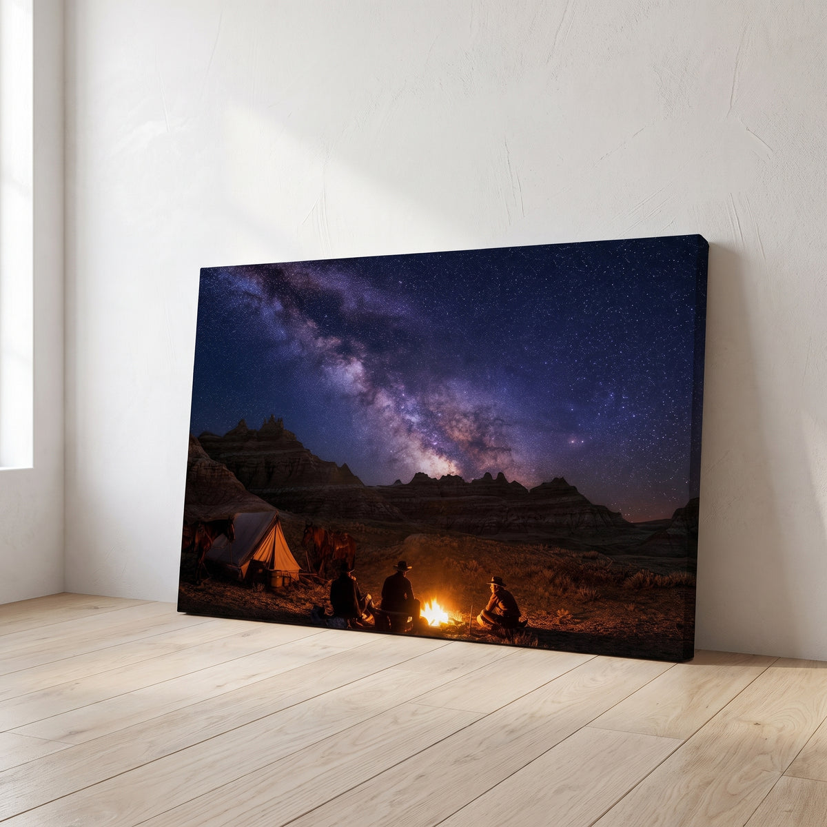 Campfire Stars canvas print leaning against a wall