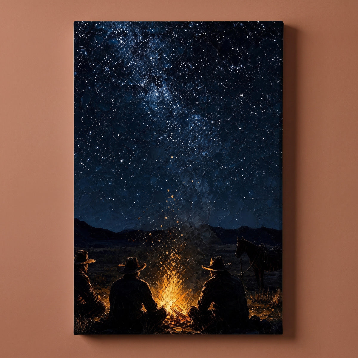 Campfire Stories canvas print on a warm clay wall