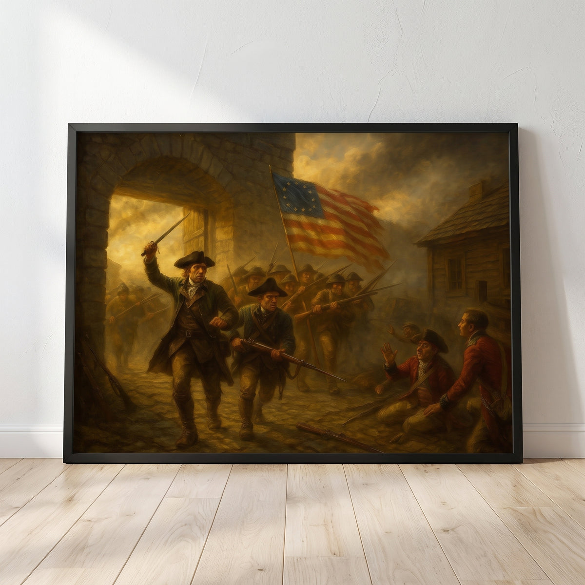 Capture of Fort Ticonderoga framed print leaning against a wall