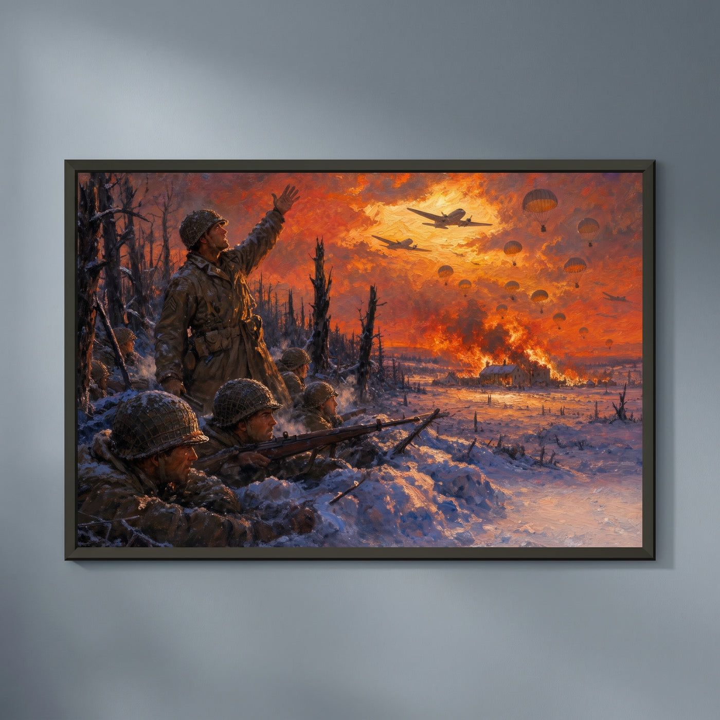 Christmas Eve at Bastogne framed print on a plain wall