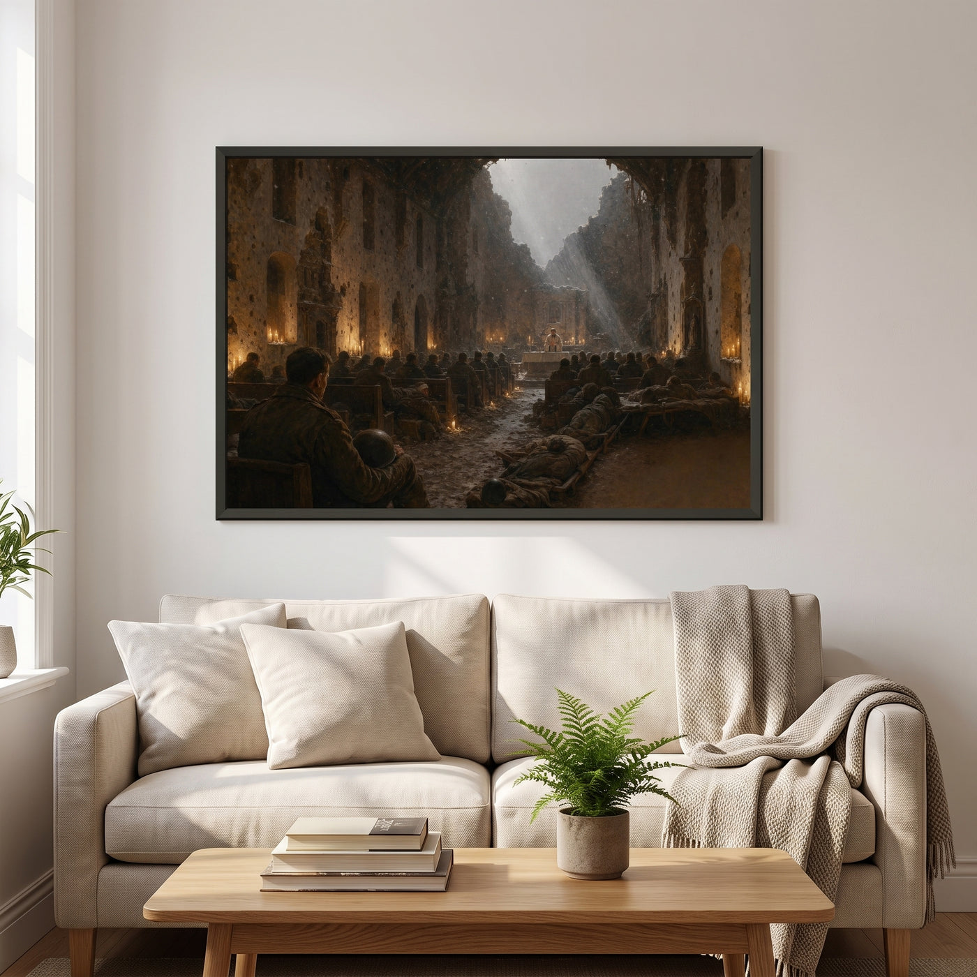 Christmas Mass in the Ardennes framed print hanging in a home interior