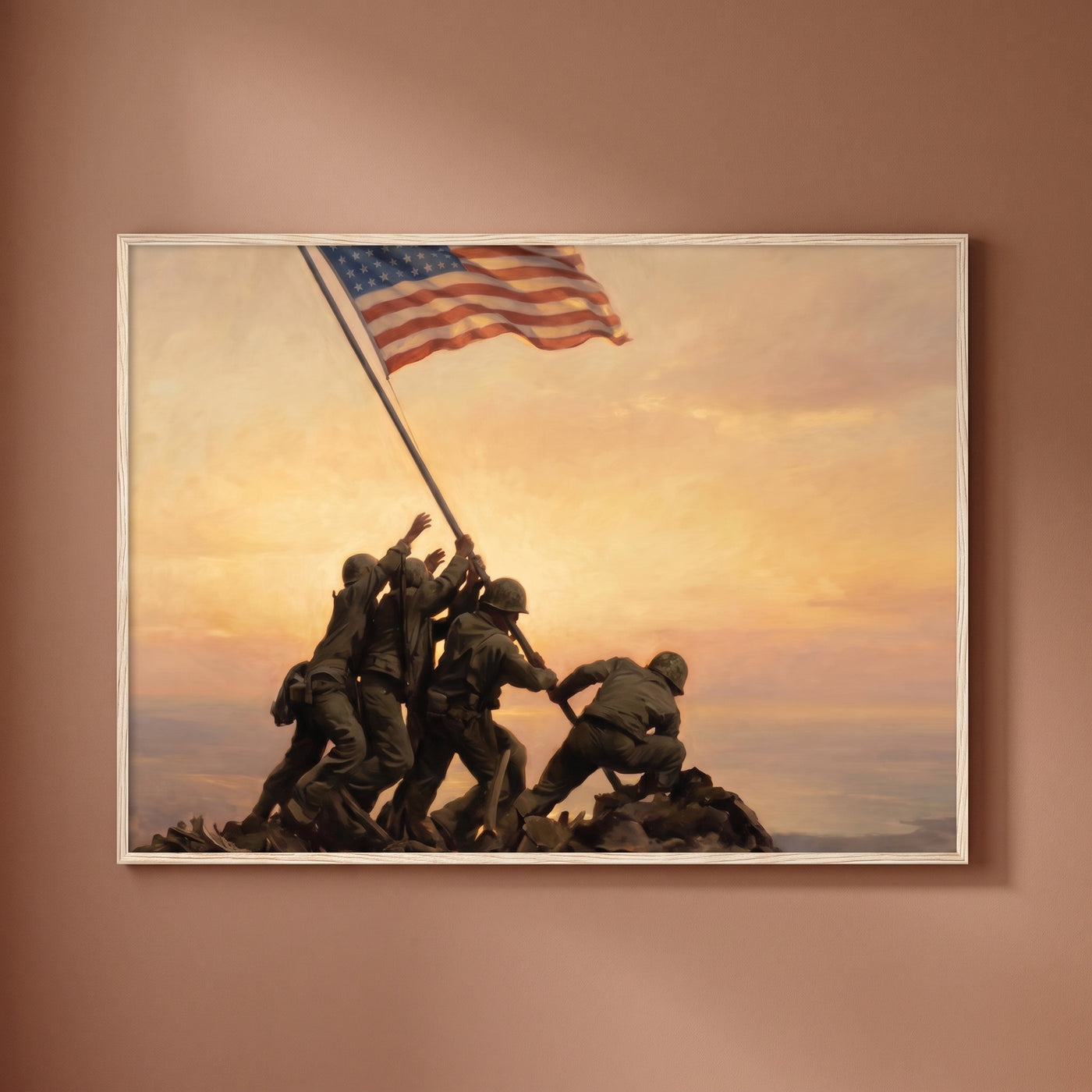 Dawn Over Mount Suribachi framed print on a plain wall