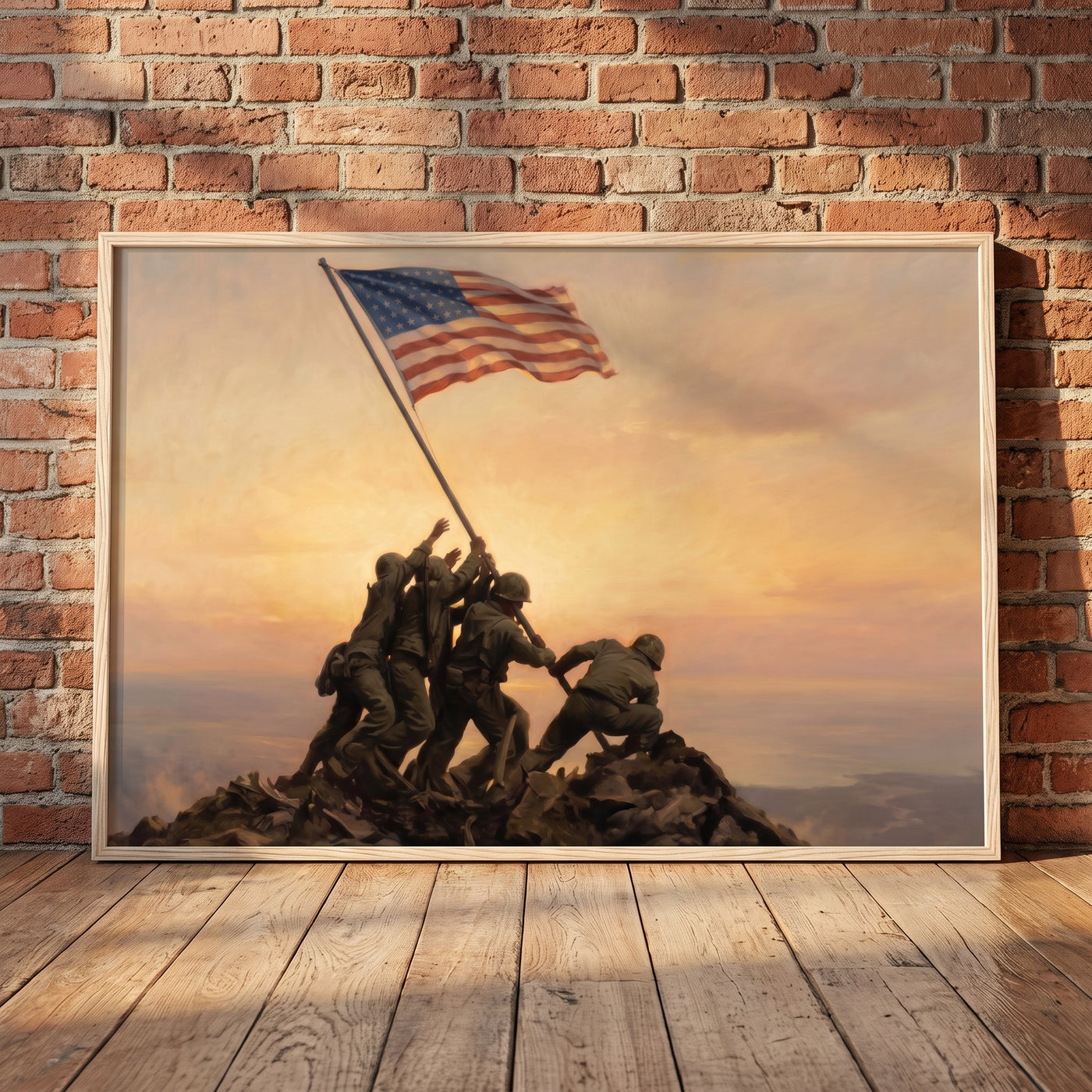 Dawn Over Mount Suribachi framed print leaning against a wall