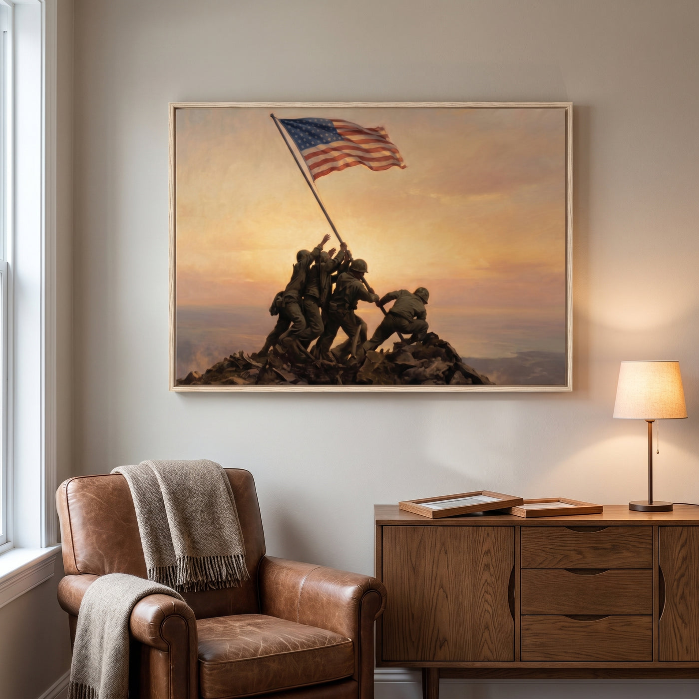 Dawn Over Mount Suribachi framed print hanging in a home interior