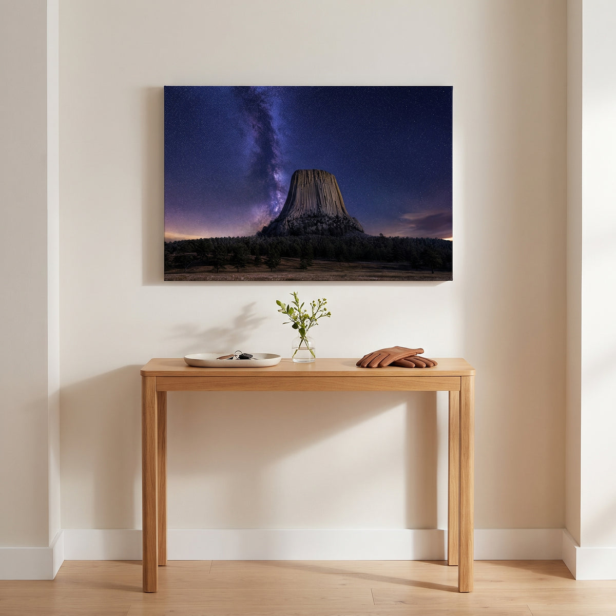 Devil's Tower Night canvas print hanging in a home interior