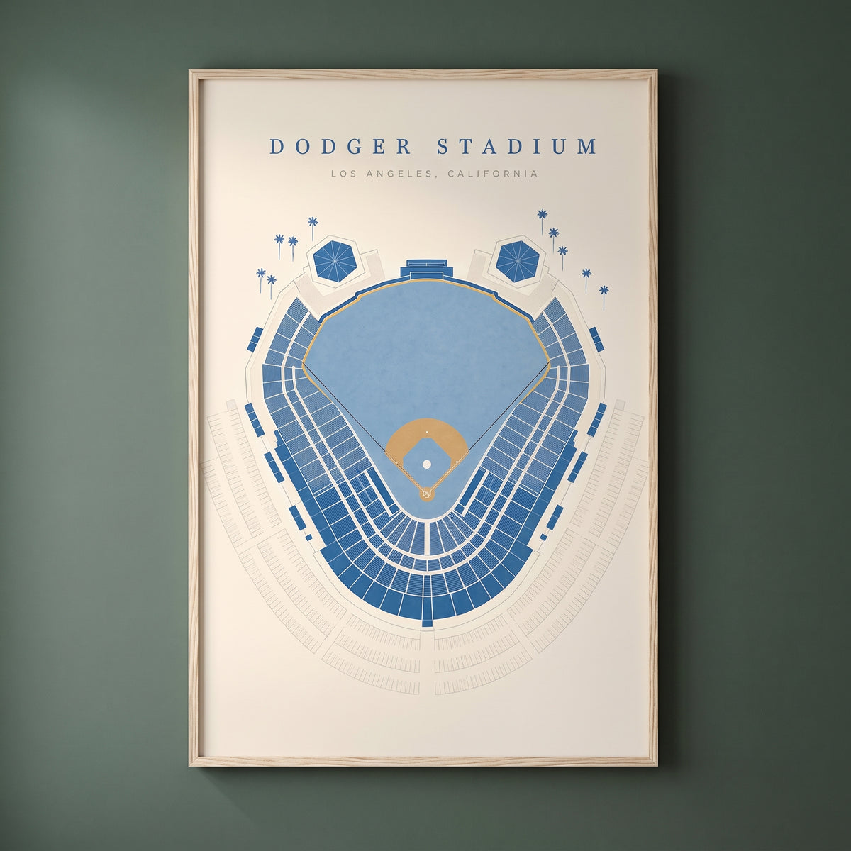 Dodger Stadium framed print on a plain wall