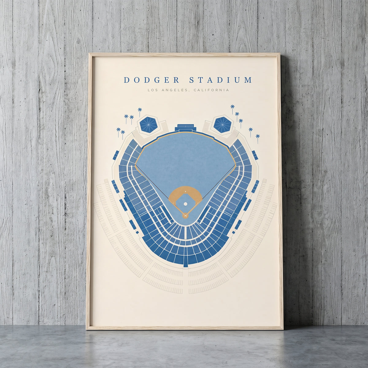 Dodger Stadium framed print leaning against a wall