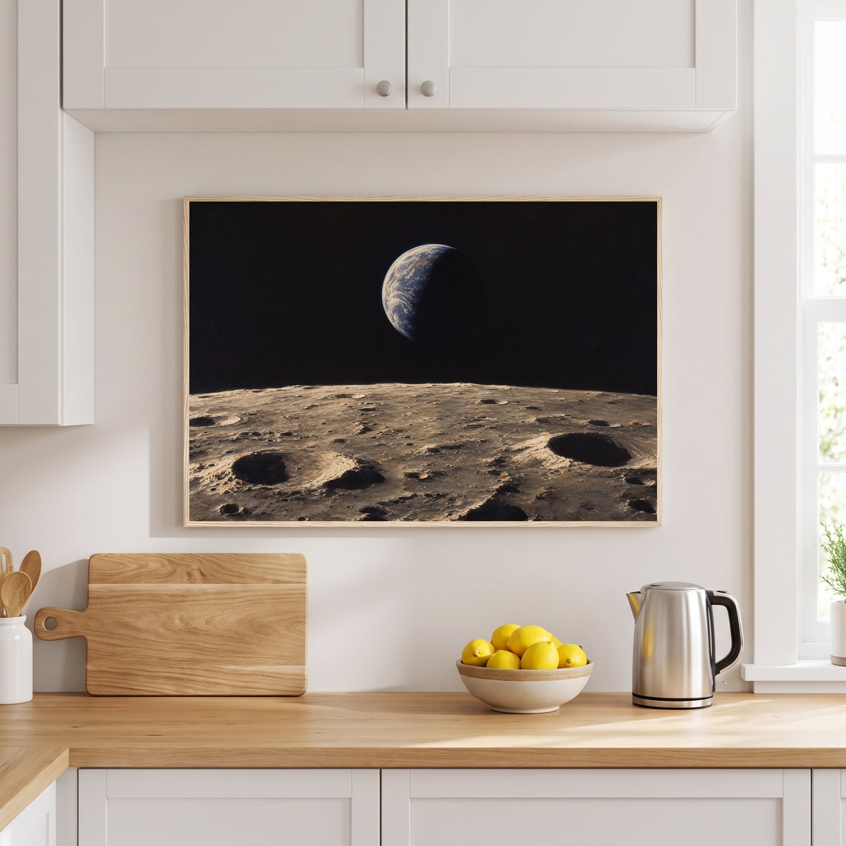 Earthrise framed print hanging in a home interior