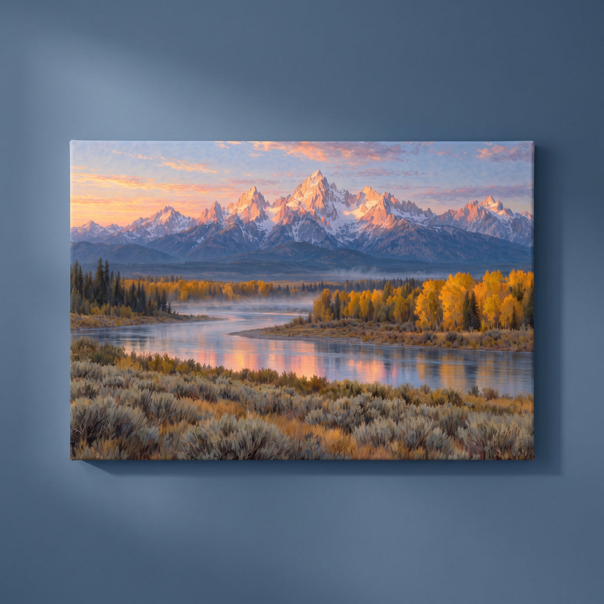 First Light on the Tetons gallery-wrapped canvas print on a plain wall