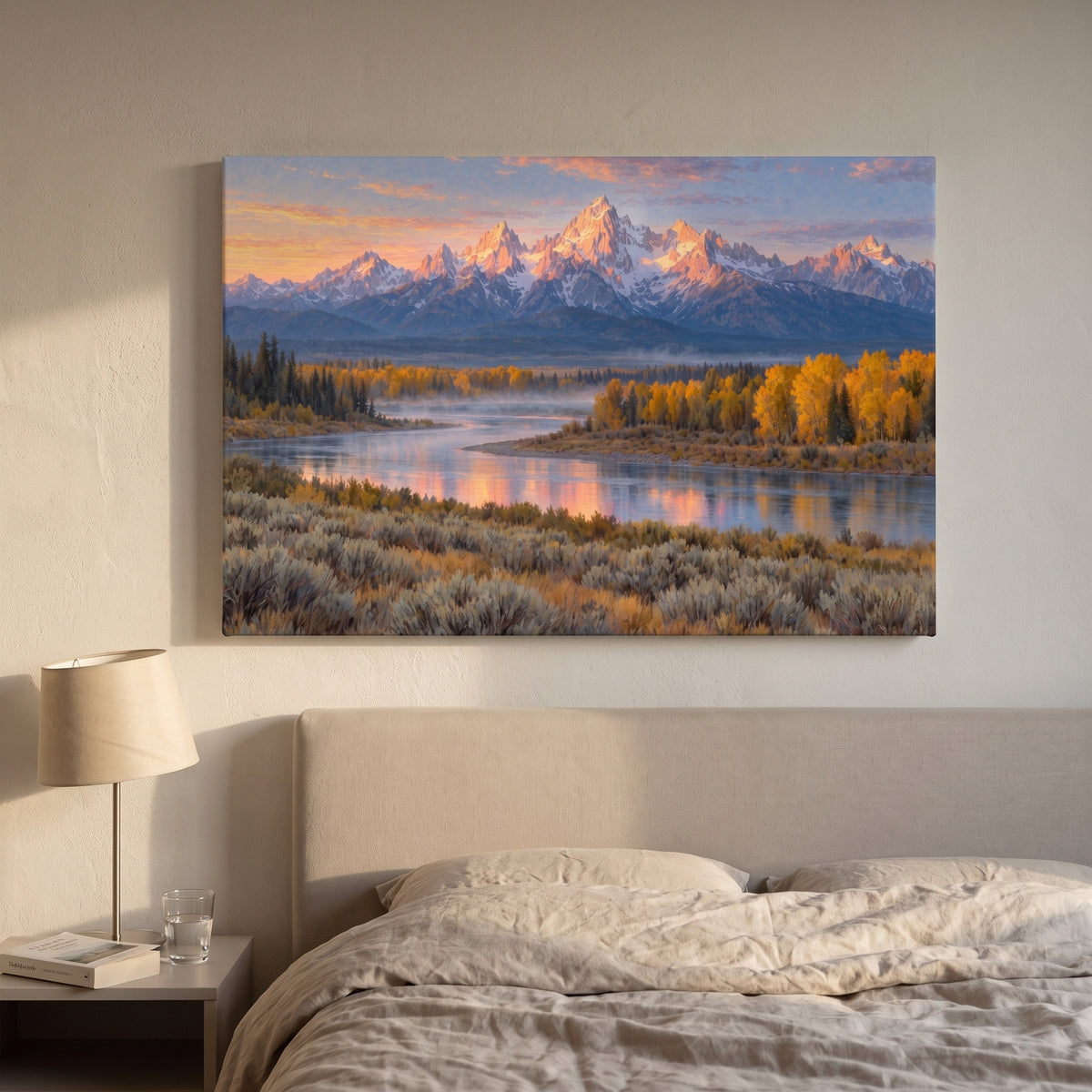 First Light on the Tetons canvas print hanging in a home interior