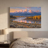 First Light on the Tetons canvas print hanging in a home interior