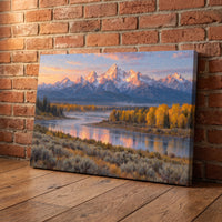 First Light on the Tetons canvas print leaning against a wall