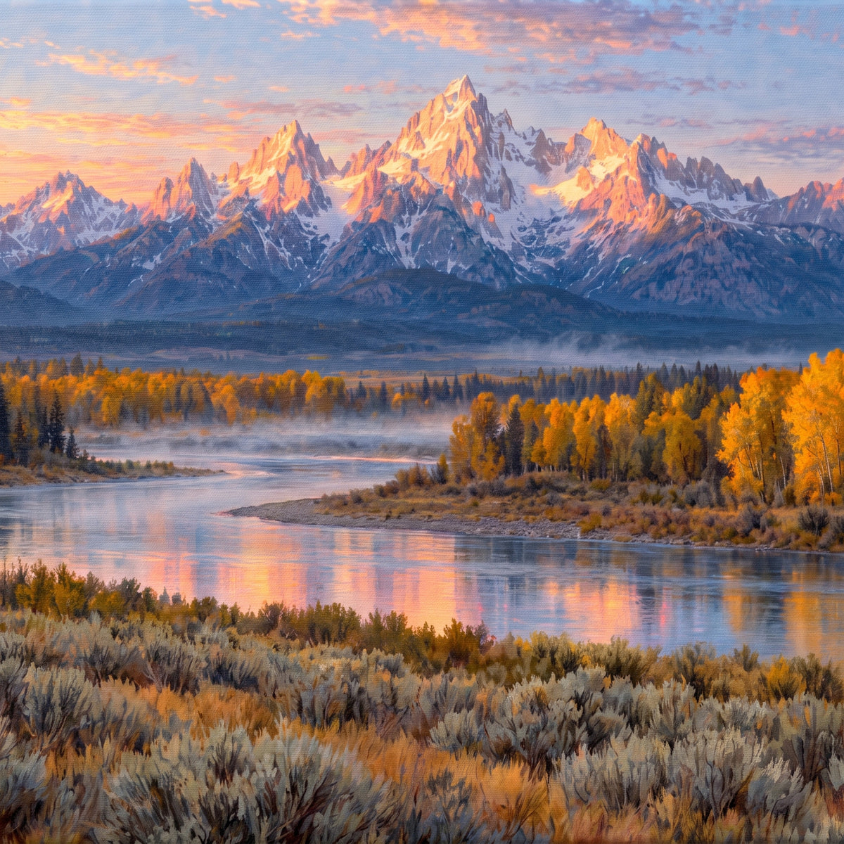 First Light on the Tetons — close-up of the canvas weave and print detail