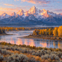 First Light on the Tetons — close-up of the canvas weave and print detail