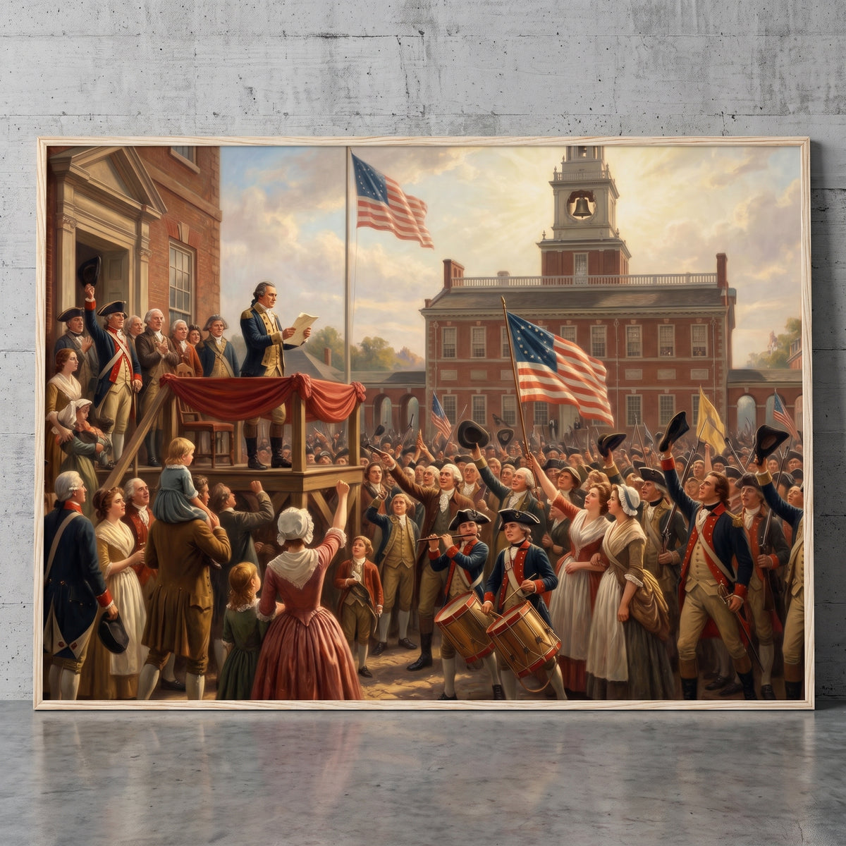 First Reading of the Declaration of Independence framed print leaning against a wall