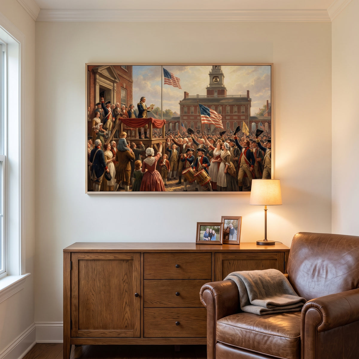 First Reading of the Declaration of Independence framed print hanging in a home interior