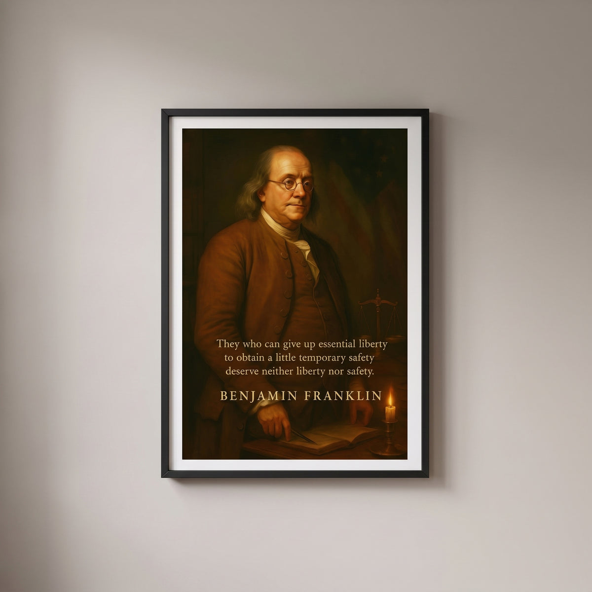 Franklin: Father of Invention, Voice of Liberty framed print on a plain wall