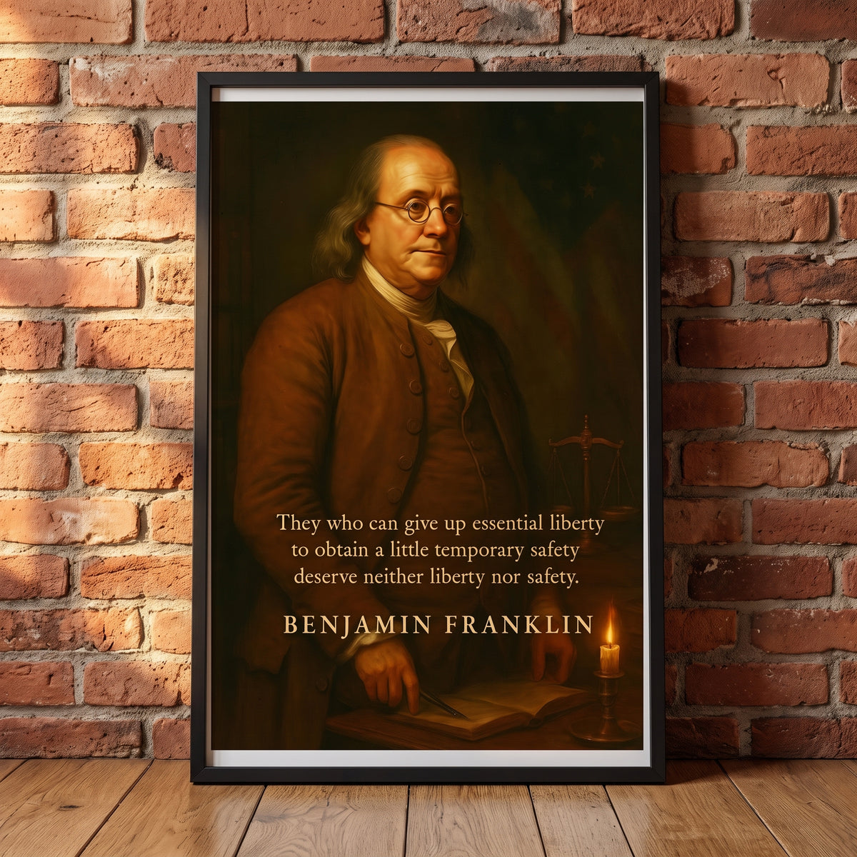 Franklin: Father of Invention, Voice of Liberty framed print leaning against a wall