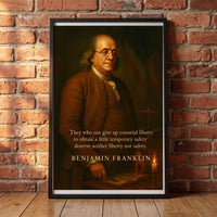 Franklin: Father of Invention, Voice of Liberty framed print leaning against a wall