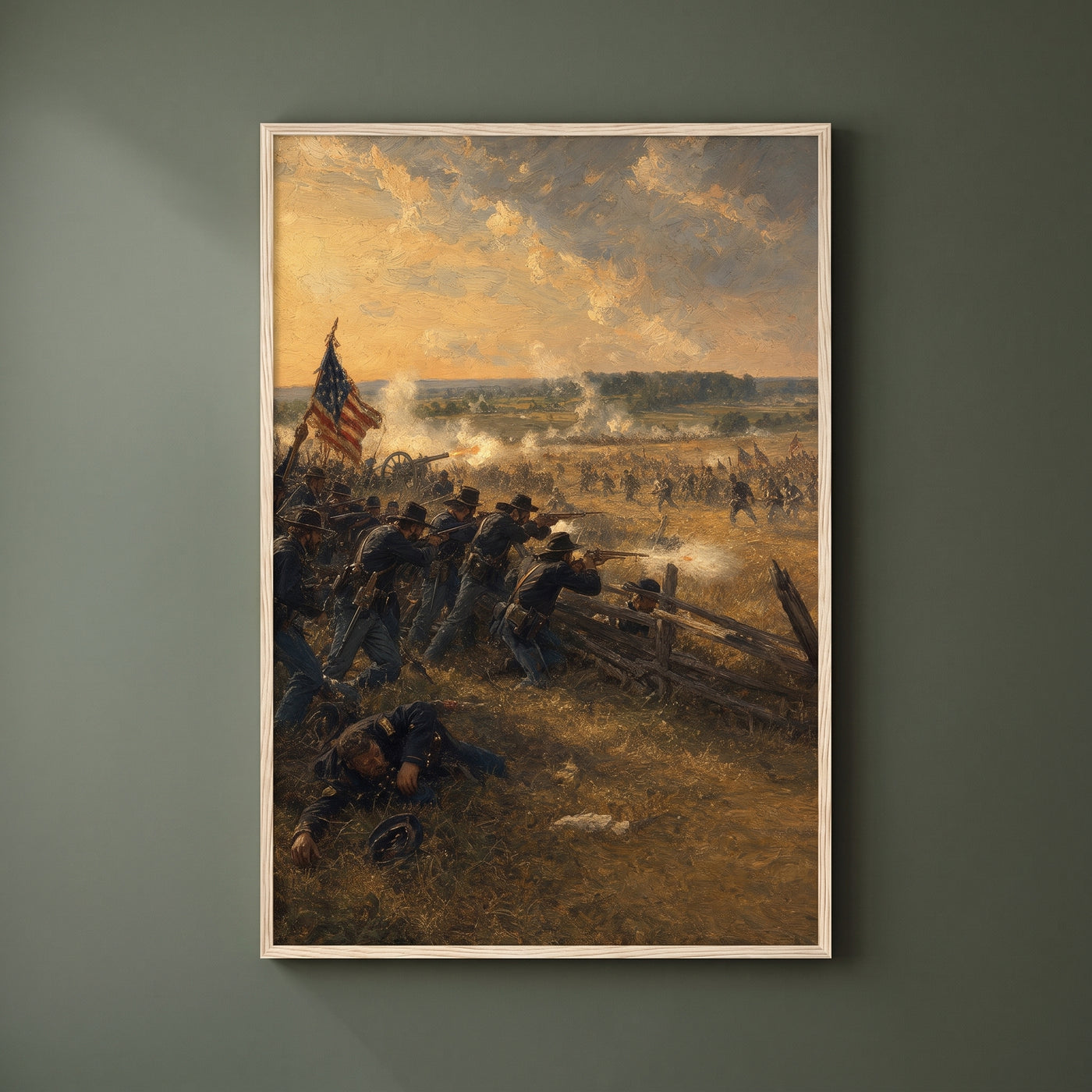 Gettysburg: The First Day framed print on a plain wall