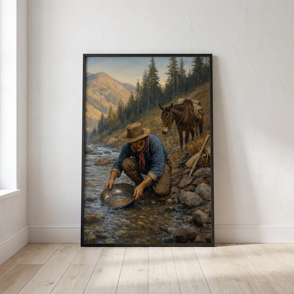 Gold Panner's Dream framed print leaning against a wall