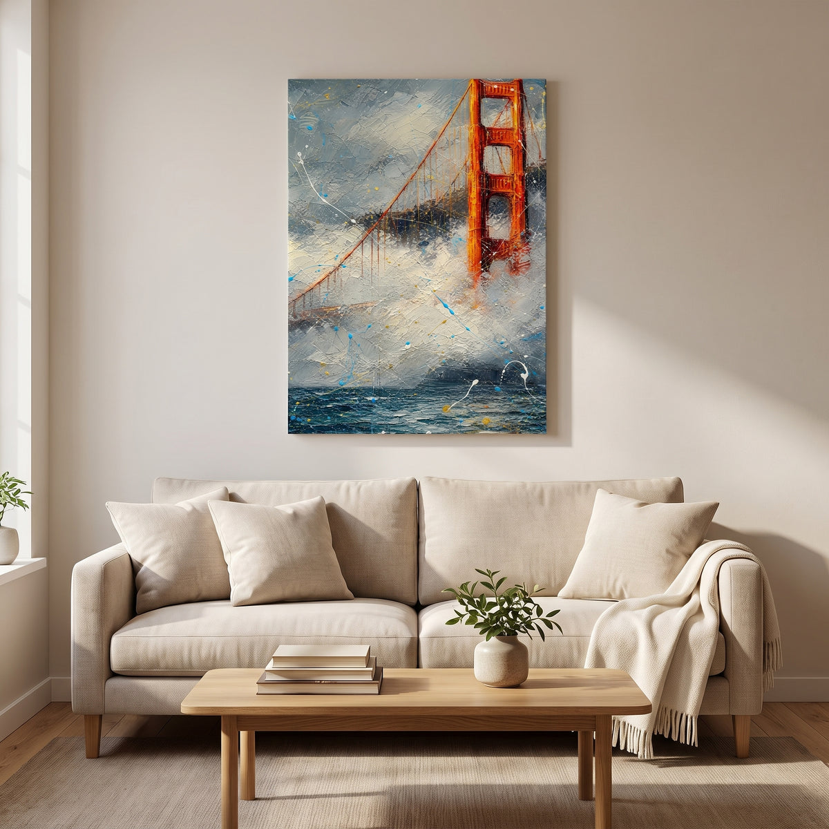 Golden Gate canvas print hanging above a sofa
