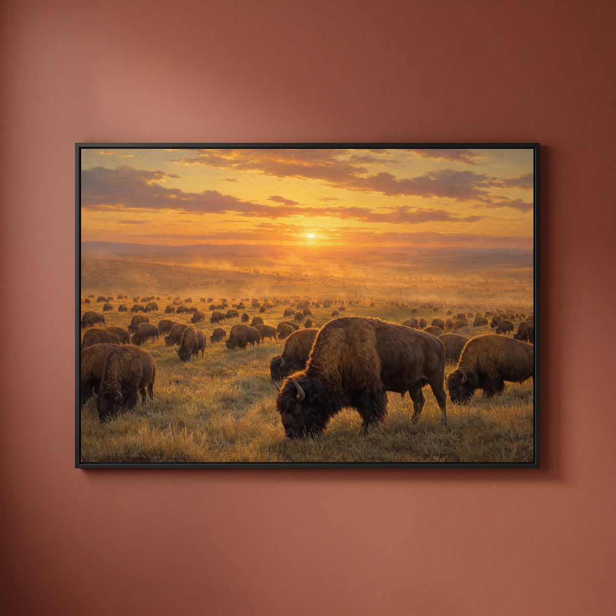 Golden Sunset Bison Herd framed print on a plain wall