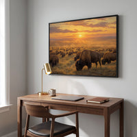 Golden Sunset Bison Herd framed print hanging in a home interior