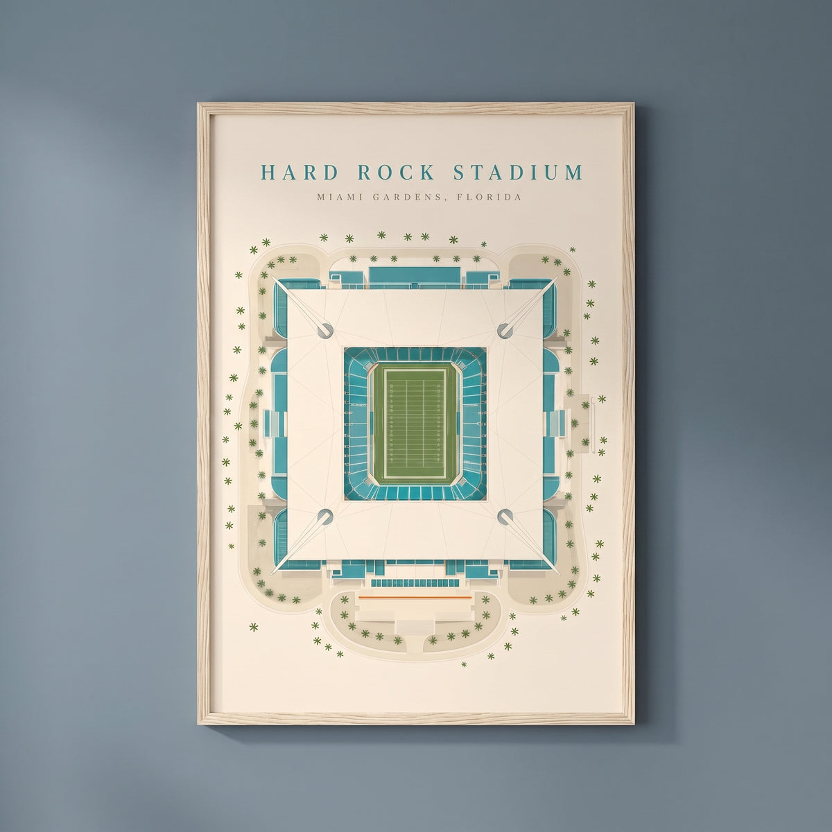 Hard Rock Stadium framed print on a plain wall