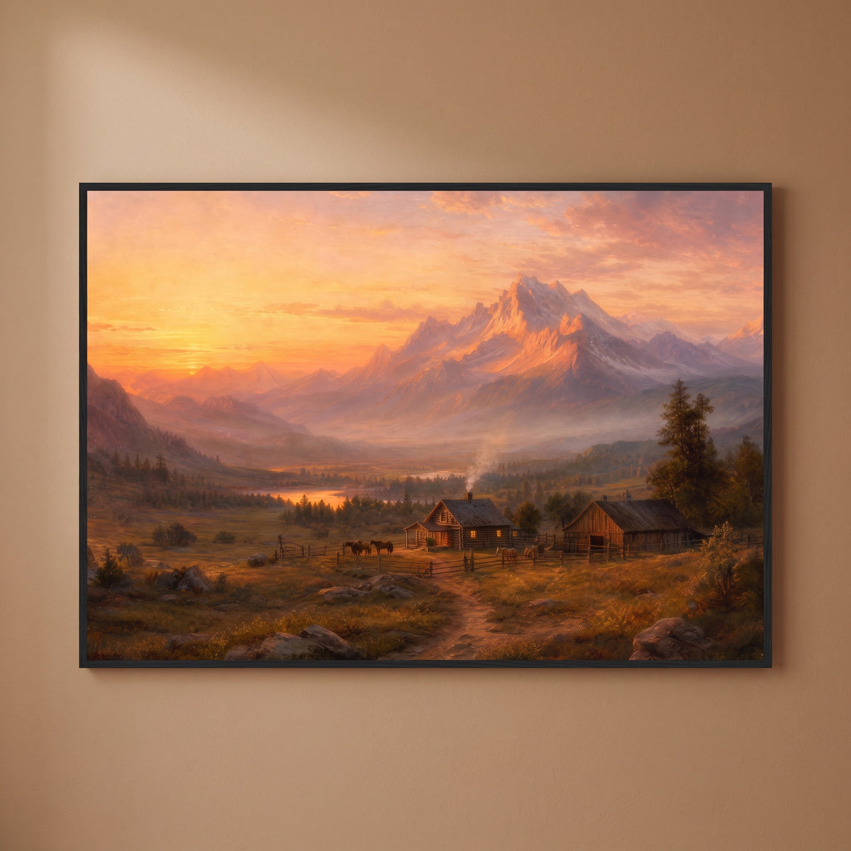 Homestead at Sunset framed print on a plain wall