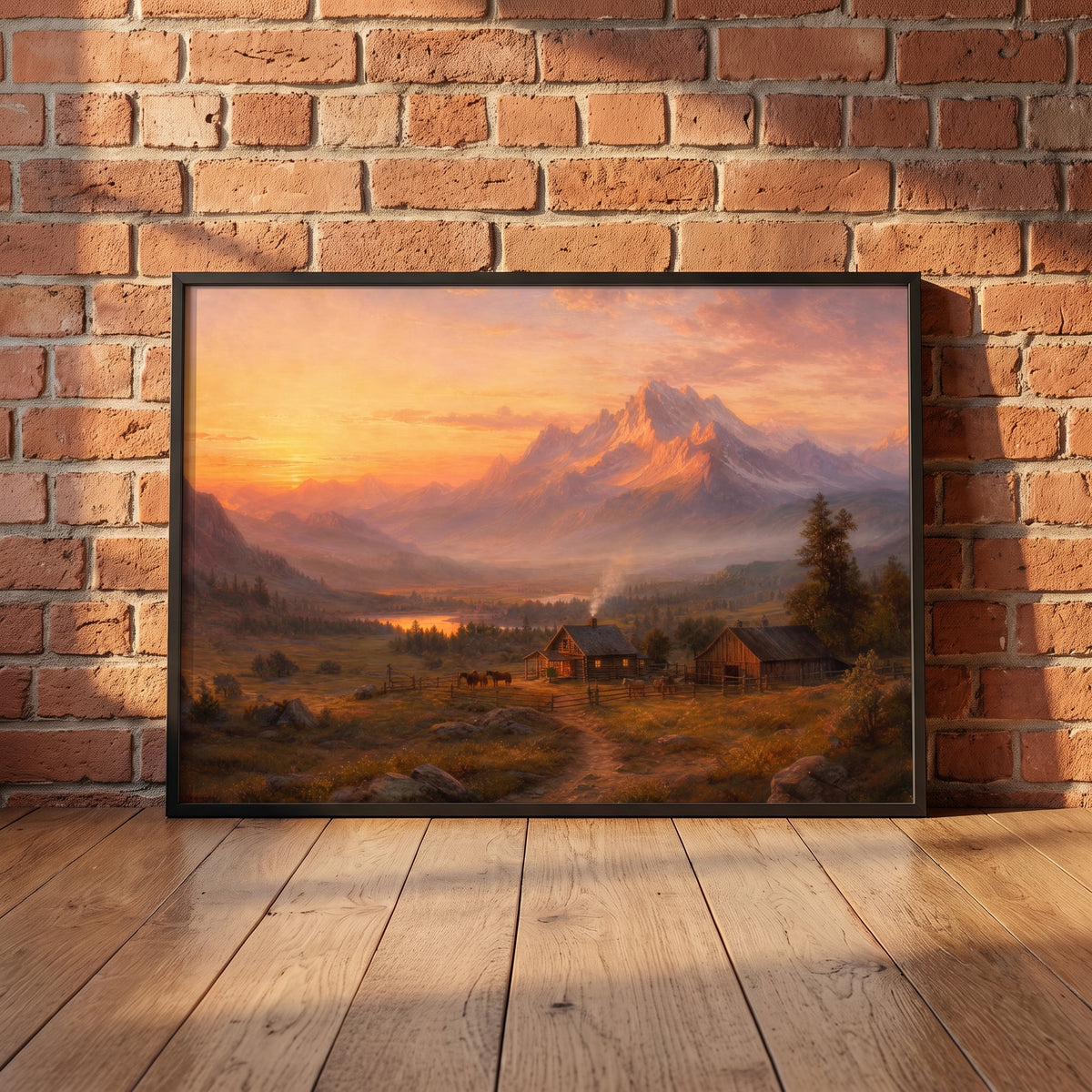 Homestead at Sunset framed print leaning against a wall