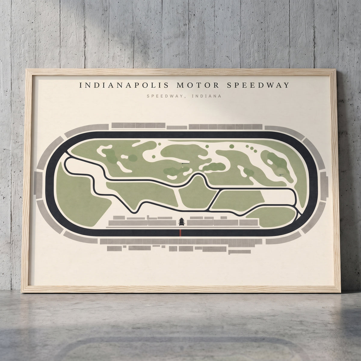 Indianapolis Motor Speedway framed print leaning against a wall