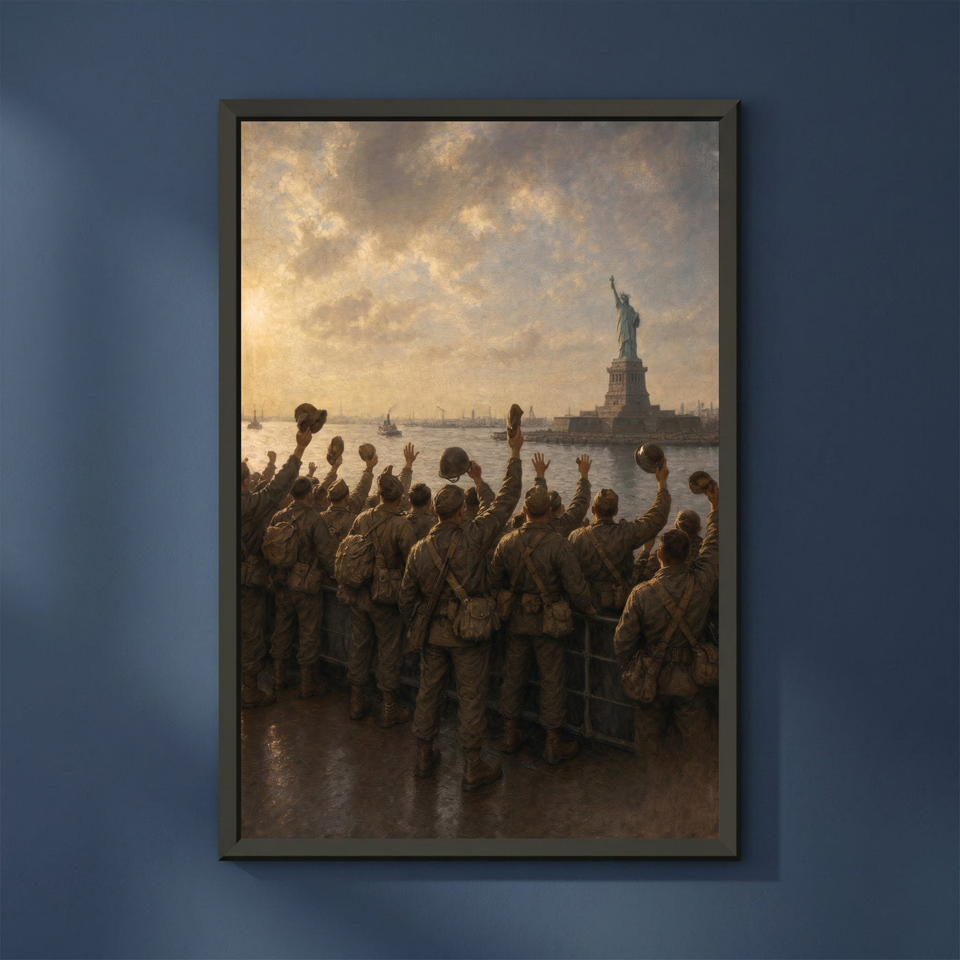 Into New York Harbour framed print on a plain wall